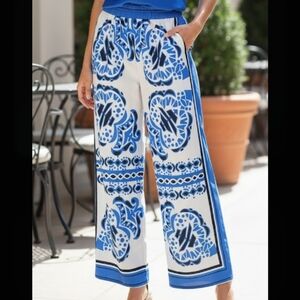 Sweet Rain Blue and White Patterned Wide Leg Pants